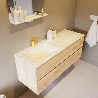 Mondiaz VICA-DLUX Ensemble de meuble de salle de bain - 130cm - meuble sous-vasque chêne blanchi - 2 tiroirs - lavabo encastré cloud gauche - 1 trou de robinet - version haute de 60cm - ostra