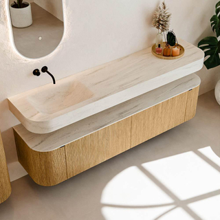 MONDIAZ THOR-DLUX 190cm meuble de salle de bains arrondi gauche + droite couleur Oak avec 2 tiroirs et 2 portes. Vasque suspendue CLOUD gauche sans trou de robinet couleur Meli.