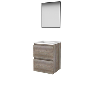 Basic-Line ensemble de meubles de salle de bain 50x46cm sans poignée 2 tiroirs vasque acrylique 0 trous de robinetterie miroir cadre aluminium noir mat sur tout le pourtour mfc scotch oak