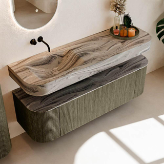 MONDIAZ THOR-DLUX 150cm meuble de salle de bains arrondi gauche + droite couleur Shadow avec 1 tiroir et 2 portes. Vasque suspendue CLOUD Gauche sans trou de robinet couleur Sombra.