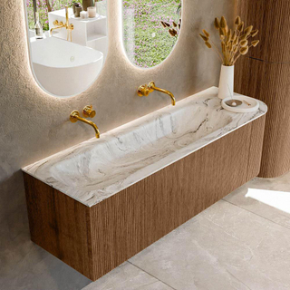 MONDIAZ KURVE-DLUX 145cm Meuble salle de bain avec module 25 D - couleur Walnut - 1 tiroir - 1 porte - vasque BIG LARGE gauche - sans trou de robinet - couleur Glace