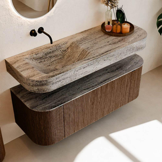 MONDIAZ THOR-DLUX 130cm badmeubel ronding links + rechts kleur Walnut met 1 lade en 2 deuren. Vrijhangende wastafel CLOUD Links zonder kraangat kleur Oza.