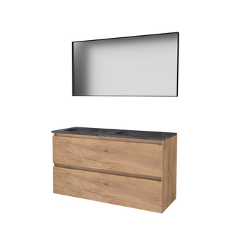 Basic-Line ensemble 46 meubles de salle de bain 120x46cm sans poignée 2 tiroirs vasque en pierre dure 0 trous de robinetterie miroir cadre aluminium noir mat tout autour mfc whisky oak