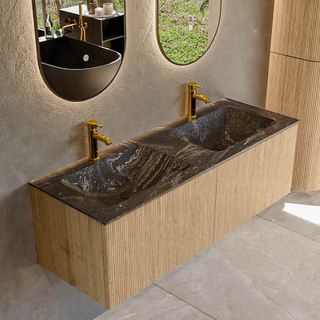 MONDIAZ KURVE-DLUX 130cm Meuble salle de bain - couleur Oak - 2 tiroirs - vasque LEAF double - 2 trous de robinet - couleur Lava