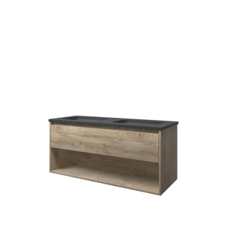 Proline hardsteen elegant ensemble de meubles de salle de bains 120x46x54.5cm meuble avec étagère chêne brut avec 2 trous pour robinetterie pierre dure pierre bleue