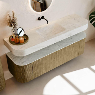 MONDIAZ THOR-DLUX 160cm meuble de salle de bains arrondi gauche + droite couleur Dusk avec 1 tiroir et 2 portes. Vasque suspendue CLOUD Milieu sans trou de robinet couleur Opalo.