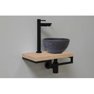 Proline Pack lave-mains 40x23cm avec vasque en céramique pierre de taille droite, plan Ideal oak et robinet siphon et bonde noir mat
