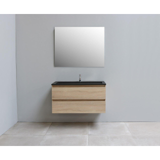 Basic Bella Meuble avec lavabo acrylique noir avec 1 trou de robinet et miroir 100x55x46cm Flat Pack Chêne