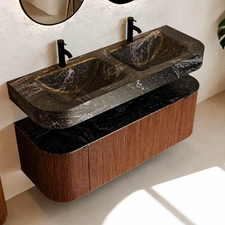 MONDIAZ THOR-DLUX 130cm meuble de salle de bains arrondi gauche + droite couleur Ruby avec 1 tiroir et 2 portes. Vasque suspendue CLOUD Double 2 trous de robinet couleur Lava.