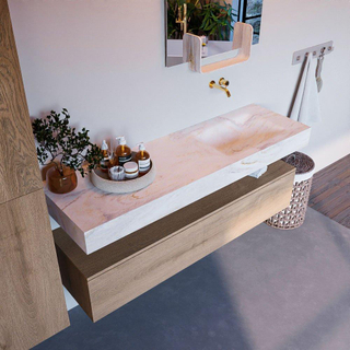 Mondiaz ALAN-DLUX Ensemble de meuble - 150cm - meuble Washed Oak mat - 1 tiroir - Lavabo Cloud Ostra suspendu - vasque Droite - 0 trous de robinet