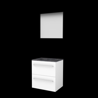 Basic-Line ensemble de meubles de salle de bain 60x46cm avec poignées 2 tiroirs vasque en pierre dure 0 trous de robinetterie miroir noir mat cadre aluminium tout autour mdf laqué blanc glacier