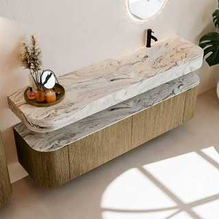 MONDIAZ THOR-DLUX Meuble de salle de bains 180cm arrondi gauche + droite couleur Dusk avec 2 tiroirs et 2 portes. Vasque suspendue CLOUD Droite 1 trou de robinet couleur Glace.