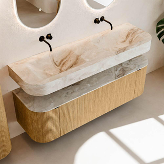 MONDIAZ THOR-DLUX 150cm meuble de salle de bains arrondi gauche + droite couleur Oak avec 1 tiroir et 2 portes. Vasque suspendue CLOUD Double sans trou de robinet couleur Frappe.