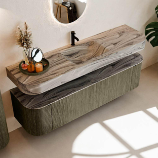 MONDIAZ THOR-DLUX Meuble de salle de bains 170cm arrondi gauche + droite couleur Shadow avec 1 tiroir et 2 portes. Vasque suspendue CLOUD Milieu 1 trou de robinet couleur Sombra.