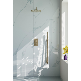 Fortifura Calvi Inbouw Regendoucheset - thermostatisch - wandarm - 30cm hoofddouche - staaf handdouche - metalen doucheslang - geborsteld Messing PVD (Goud)