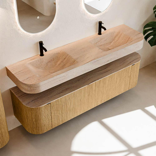 MONDIAZ THOR-DLUX Meuble de salle de bains 170cm arrondi gauche + droite couleur Oak avec 1 tiroir et 2 portes. Vasque suspendue CLOUD Double 2 trous de robinet couleur Saba.