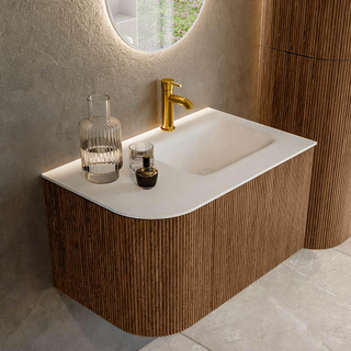 MONDIAZ KURVE 75cm Meuble salle de bain avec module 25 G - couleur Walnut - 1 tiroir - 1 porte - vasque GRUNNE droite - 1 trou de robinet - Talc