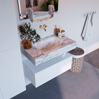 Mondiaz ALAN-DLUX Ensemble de meuble - 80cm - meuble Talc mat - 1 tiroir - Lavabo Cloud Glace suspendu - vasque Centre - 0 trous de robinet