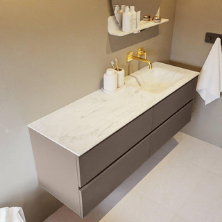 Mondiaz VICA-DLUX ensemble de meuble de salle de bain - 150cm - meuble sous-vasque fumée - 4 tiroirs - lavabo encastré nuage droite - sans trous de robinet - version haute de 60cm - opalo