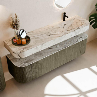 MONDIAZ THOR-DLUX Meuble de salle de bains 170cm arrondi gauche + droite couleur Shadow avec 1 tiroir et 2 portes. Vasque suspendue CLOUD Droite 1 trou de robinet couleur Glace.