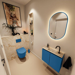 MONDIAZ TURE-DLUX Meuble toilette - 60cm - Jeans - EDEN - vasque Frappe - position centrale - 1 trou de robinet