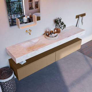 Mondiaz ALAN-DLUX Ensemble de meuble - 200cm - meuble - Oro mat - 2 tiroirs - Lavabo Cloud Ostra suspendu - vasque gauche - 0 trous de robinet - Beige