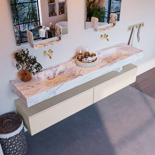 Mondiaz ALAN-DLUX Ensemble de meuble - 200cm - meuble Linen mat - 2 tiroirs - Lavabo Cloud Glace suspendu - vasque Gauche et droite - 0 trous de robinet