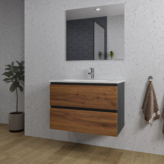 Adema Industrial 2.0 ensemble de meubles de salle de bain 80x45x55cm 1 lavabo ovale en céramique blanc 1 trou de robinetterie miroir rectangulaire bois/noir