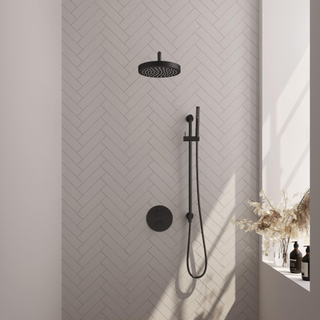 BRAUER Stripe Douche de tête thermostatique encastrable - 3 voies - ronde - SET 44 - pomme de douche 25cm - bras mural courbé - douchette à main barre - flexible de douche - barre coulissante intégrée - noir mat