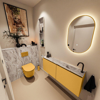 MONDIAZ TURE-DLUX Meuble toilette - 120cm - Ocher - EDEN - vasque Glace - position droite - 1 trou de robinet