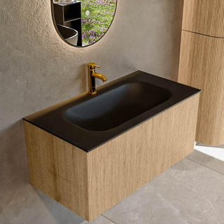 MONDIAZ KURVE 90cm Meuble salle de bain - couleur Oak - 1 tiroir - vasque BIG SMALL centre - 1 trou de robinet - Urban