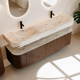 MONDIAZ THOR-DLUX Meuble de salle de bains 170cm arrondi gauche + droite couleur Walnut avec 1 tiroir et 2 portes. Vasque suspendue CLOUD Double 2 trous de robinet couleur Nata.