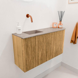 Mondiaz JOYA-DLUX 81.6cm toiletmeubel - ronding rechts kleur Oak - Wastafel FAYE positie Links Zonder kraangat kleur Saba.