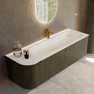 Mondiaz KURVE-DLUX Ensemble de meuble salle de bain - 145x46x40cm - 1 tiroir - 1 porte - lavabo en solid surface - droite - 1 trou de robinet - Shadow
