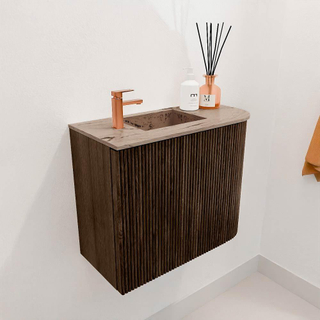 Mondiaz JOYA-DLUX 51.6cm toiletmeubel - ronding rechts kleur Walnut - Wastafel FAYE positie Links 1 kraangat kleur Arena.