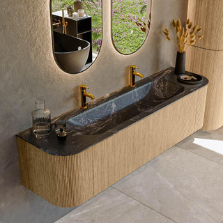 MONDIAZ KURVE-DLUX 170cm Meuble salle de bain avec module 25 G et D - couleur Oak - 1 tiroir - 2 portes - vasque BIG LARGE centre - 2 trous de robinet - couleur Lava