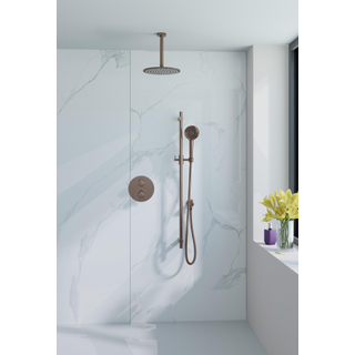 FugaFlow Eccelente Acces Inbouw Regendoucheset - rond - thermostatisch - plafondarm - glijstang - 25cm hoofddouche - ronde handdouche - gladde slang - Geborsteld koper PVD