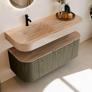 MONDIAZ THOR-DLUX 120cm meuble de salle de bains arrondi gauche + droite couleur Shadow avec 1 tiroir et 2 portes. Vasque suspendue CLOUD Gauche 1 trou de robinet couleur Saba.