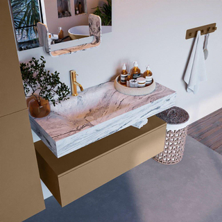 Mondiaz ALAN-DLUX Ensemble de meuble - 100cm - meuble Oro mat - 1 tiroir - Lavabo Cloud Glace suspendu - vasque Gauche - 1 trou de robinet