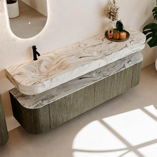 MONDIAZ THOR-DLUX 180cm badmeubel ronding links + rechts kleur Shadow met 2 lades en 2 deuren. Vrijhangende wastafel CLOUD Links 1 kraangat kleur Glace.