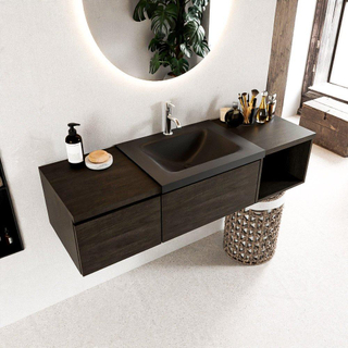 MONDIAZ BUKLA 140cm badmeubel met open module 40 rechts kleur Dark Brown met 2 lades. Wastafel CLOUD rechts 1 kraangat kleur Urban.