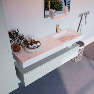 Mondiaz ALAN-DLUX Ensemble de meuble - 150cm - meuble - Clay mat - 1 tiroir - Lavabo Cloud Ostra suspendu - vasque droite - 1 trou de robinet - Beige