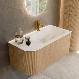 MONDIAZ KURVE-DLUX 95cm Meuble salle de bain avec module 25 G - couleur Oak - 1 tiroir - 1 porte - vasque BIG SMALL droite - 1 trou de robinet - couleur Frappe