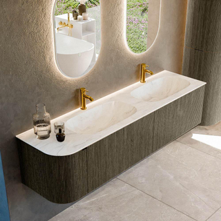 Mondiaz KURVE-DLUX Ensemble de meuble salle de bain - 175x46x40cm - 2 tiroirs - 1 porte - lavabo en solid surface - double / droite - 2 trous de robinet - Shadow