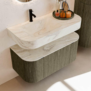 MONDIAZ THOR-DLUX 100cm meuble de salle de bains arrondi gauche + droite couleur Shadow avec 1 tiroir et 2 portes. Vasque suspendue CLOUD gauche 1 trou de robinet couleur Ostra.