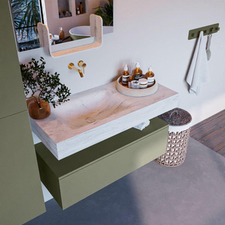 Mondiaz ALAN-DLUX Ensemble de meuble - 100cm - meuble Army mat - 1 tiroir - Lavabo Cloud Opalo suspendu - vasque Gauche - 0 trous de robinet