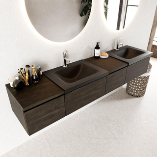 MONDIAZ BUKLA 200cm badmeubel met module 40 rechts kleur Dark Brown met 4 lades. Wastafel CLOUD dubbel 2 kraangaten kleur Urban.