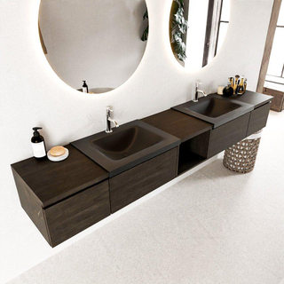 MONDIAZ BUKLA 240cm ensemble de meuble avec module ouvert 40 au milieu couleur Marron foncé avec 4 tiroirs. Lavabo CLOUD double 2 trous de robinet couleur Urban.