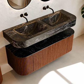 MONDIAZ THOR-DLUX Meuble de salle de bains 130cm arrondi gauche + droite couleur Ruby avec 1 tiroir et 2 portes. Vasque suspendue CLOUD Double sans trou de robinet couleur Lava.