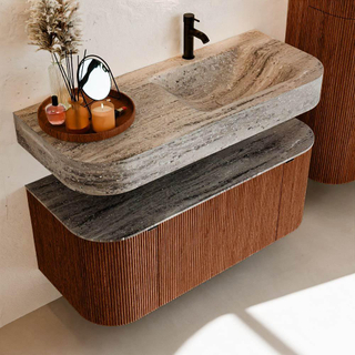 MONDIAZ THOR-DLUX 110cm meuble de salle de bains arrondi gauche + droite couleur Ruby avec 1 tiroir et 2 portes. Vasque suspendue CLOUD Droite 1 trou de robinet couleur Oza.